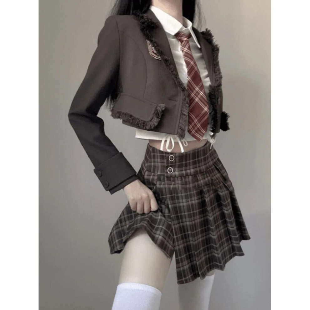 British Preppy Skirt Suits Short Fur-trimmed Blazer Coat + Lapel Shirt + High Waist Plaid Pleated Skirt 3pcs Sets