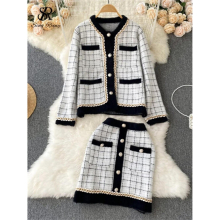 SINGREINY Plaid Autumn Two Pieces Suits Elegnat Single Breasted Loose Coat Top+Pocket Slim Short Skirt Chain Women Sets