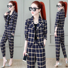 Vintage Plaid Suit Women Two Piece Set Spring Autumn Office Lady Slim Short Blazer And Suit Pants Style Sets