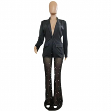 Woman Sexy Big Turndown Collar Mesh Bead Blazer Long Pants Suit Female Sexy Perspective High Waist Pants Coat Sets Trousers Suit