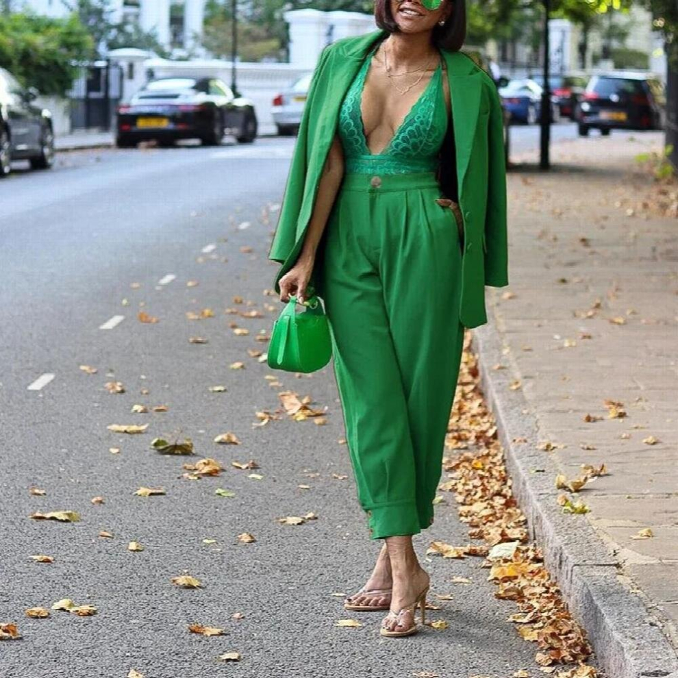 2 Piece Set Women Office Lady Suit Women Blazer Set Notched Lapel Long Sleeve Jacket Buttons High Waist Long Pants Suits Green-image-OPC-PCQNNQV-NEW