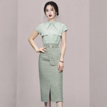 Summer Office Two Piece Set Women Single-Breasted Lapel Raglan Sleeve Shirt+High waist Bodycon Split Midi Skirt OL Suit