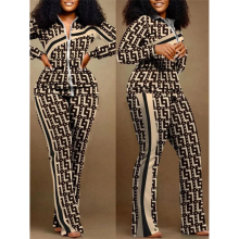 Sets Outifits Autumn Geometric Print Zip Up Top & Pants Set Of Two Casual Pieces For Women Tracksuits