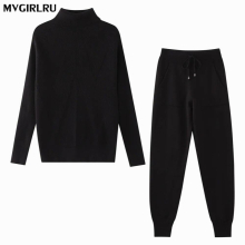 Autumn Winter Womens Knit tracksuit Solid Striped Turtleneck Sweater and Elastic Trousers Two Piece Set