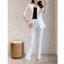 Womens Summer Thin Blazer Pants Sling 3 Pieces Set Office Lady Graceful Stripe Half Suit Coat Workwear Female