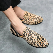 (Black-8.5) Arrival Leopard Print Men Banquet Prom Dresses Breathable Cow Leather Shoes Slip On Driving Shoe Youth Loafer