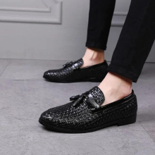 (Black-9.5) Large size 48 Tassel Plaid Men Loafers Weaving Comfortable Soft Mens Leather Shoes Sapato Masculino Zapatos Hombre