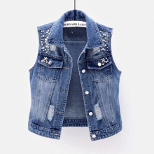5XL Plus Size Sleeveless Womens Vest Summer Denim Waistcoat Casual Short Jeans Jacket Beaded Holes Slim Jeans Coat