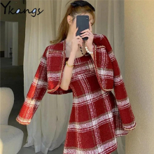 Woolen Harajuku Y2k Plaid Short Blazer Christmas Clothes Women Winter A-line Dress Sets Suits 2-piece Set Female