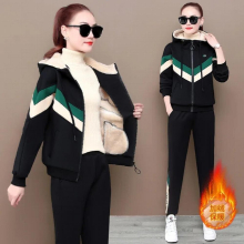 Warm Fleece Sweatsuit 2 Piece Set Women Outfit Winter Thicken Zipper Hooded Coats Plus Size Pant Suit Casual Tracksuit