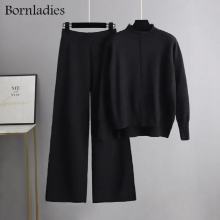 Bornladies Loose Two Piece sweater sets Women Knitted Tracksuits Winter V Neck Sweater + wide leg Pant 2 Piece Warm Set Outfits