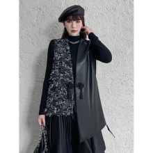 [EAM] Women Pu Leather Pattern Irregular Big Size Vest V-collar Sleeveless Tide Spring Autumn 1DF2386