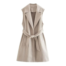 Women With Belt Woolen Longline Waistcoat Vintage Lapel Collar Sleeveless Female Vest Outerwear Femmes