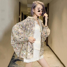 Hip Hop Sequined Flash Sun Protection Jacket Women Summer European Thin Long Sleeve Hooded Short Coat Streetwear Tide