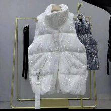 Women Spring Autumn Vest Winter Sequin Loose Warm Cotton Padded Gilet Slim Stand-up Collar Short Waistcoat