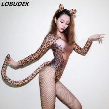 Female stage Costume Sexy Leopard Printing costumes Leotard sparkly Crystals bodysuit Nightclub Party Role performance Catsuit