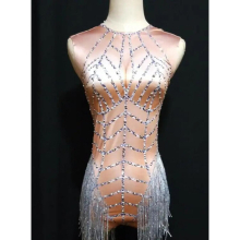 4 Colors Sparkly Crystals Tassels Sleeveless Bodysuit Sexy Women Dance Teams Jazz Costume Bar Party DJ Show Latin Stage Wears