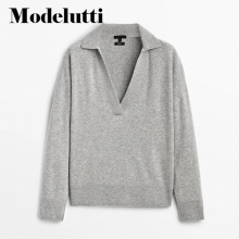 Spring Autumn Wool Sweater Knit Polo Shirt V-Neck Solid Casual Temperament Top Women