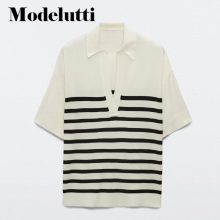 Spring Autumn V-Neck Knitted Sweater Striped Short Sleeve Polo Shirt Women Casual Tops Female