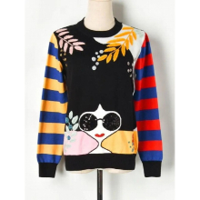 Winter Contrast Striped Sleeve Embroidery Leaves Beaded Sequins Sunglasses Girls Knit Sweater C-013