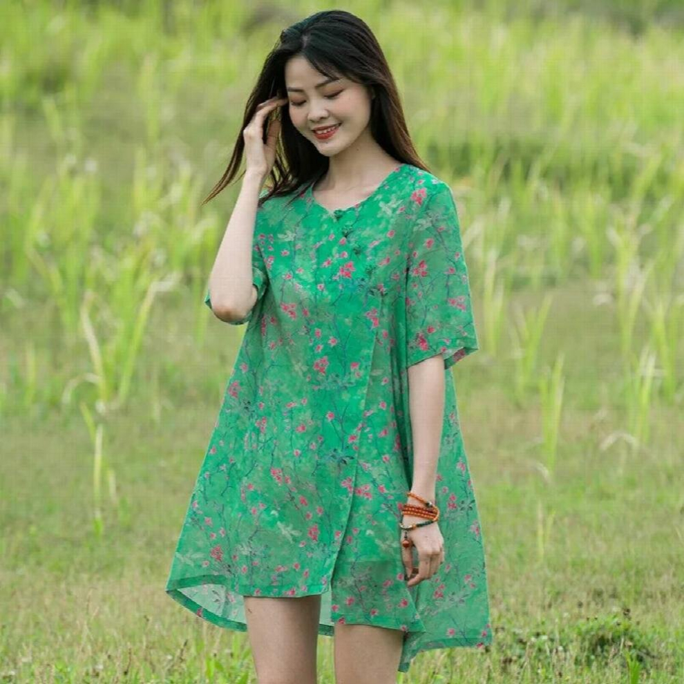 Women Summer Ramie Printed Shirts Tops Ladies Vintage Print Blouse Female Ramie Shirt-image-OPC-PCQNXRR-NEW