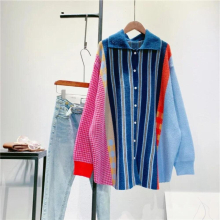 Girls Casual Loose Sweater Cardigan Lazy Style Contrast Stitching Lapel Medium Length Sweater