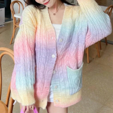 Fairy Kei Pastel Rainbow Cardigan With Pocket Button Up Cable Knit Tie-Dye Sweaters Soft Girl Pastel Clothing