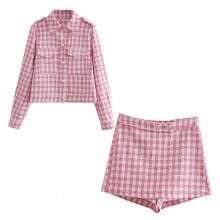Spring Womens Sets Plaid Textured Blazer Suits With High Waist Button Shorts Sweet Ladies Outfit Female