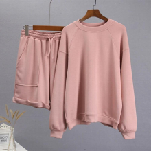 Spring Summer Cotton Sets Women Loose Two Pieces Solid Sweatshirt & High Waist Shorts Pants Suits Casual Tracksuit