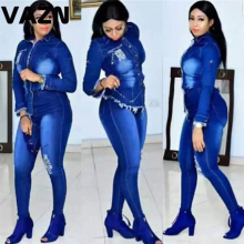 Shinny Sport Casual Tracksuit for Women Denim Set full sleeve 2 Piece Sets Night Club Young Lady Sport Sets