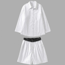 Women 100% Cotton Tracksuit Sets Striped Loose Shirt Shorts 2 Pieces Sets Long Sleeve Blouse Pants Suits 6L37