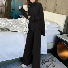 Sweater Set Women Tracksuit Spring Autumn Knitted Suits 2 Piece Set Warm Turtleneck Sweater Pullovers Wide Legs Pants