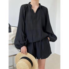 Lace Up Long Sleeve Sunscreen Shirts Tops and Wide Leg Shorts Khaki Summer Tracksuit Women Two Piece Set