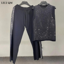 Summer Heavy Industry Drilling Vest Knitted Top+Casual Wide Leg Pants Two Piece Set Tracksuit Women