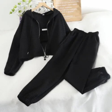 Casual Long Sleeve Zipper Hooded Hoodies Base Cmais High Waist Pants 3 Pcs Set Women Spring Fall Street Sports Suits