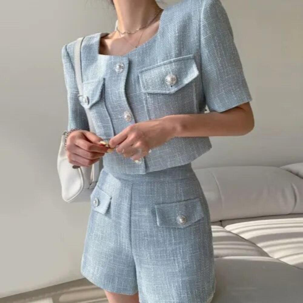 Square Collar Pockets Short Sleeve Single-breasted Top Suit+high Waist Wide Leg Shorts Outfits 2pcs Set-image-OPC-PCQNZGY-NEW