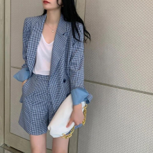 JuneLove Spring Autumn Womens Plaid Blazers Suits Irregular Sense Thin Suit Jacket Shorts Two Pieces Sets