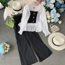 Suit Female Summer Camisole + High Waist Wide Leg Pants Trousers + Sunscreen Cardigan Jacket Three-piece Suit