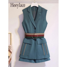 Office Ladies Two Piece Sets For Women Summer Sleeveless Notched V Neck Single Breasted Blazer Vest+shorts Business Suit