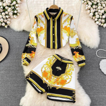 Suit Womens Spring OL Professional Positioning Printed Shirt Two-piece Set High Waist Thin Wide Leg Shorts