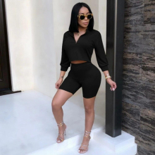 Solid Tracksuits For Women Long Sleeve Zipper Neck Crop Top And Casual Shorts 2 Piece Sets 914