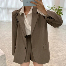Retro Office Lady Loose Grey Lapel Two Button Jacket High Waist Wide Leg Short Suits All-match Casual Sets