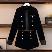 Women Velvet Office Vintage Suit Jacket Coat Top And Short Pant Two Piece Set Outfit Ladies Fall Autumn Cloth