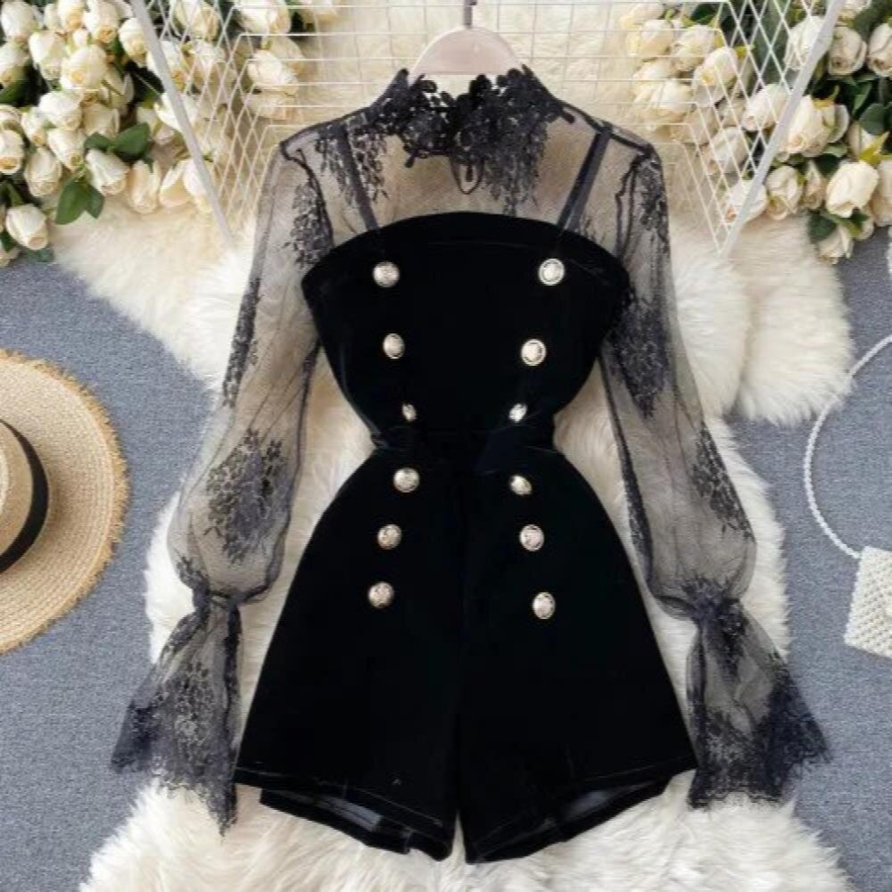 Women autumn Tulle Lace Shirt Sexy Long Sleeve Top Ladies Double Breasted Suspender Wide-legged Jumpsuit Two Peice Set-image-OPC-PCQNZWW-NEW