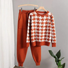 Houndstooth Knit Womens Tracksuits O Neck Woman Pullovers + Harem Pants Two Piece Sets Y2k Winter Sweatsuit