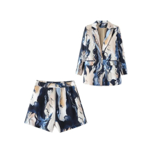 Women Two Piece One-Button Blazer Set Female Casual Front Zipper High Waist Shorts Ladies Suit