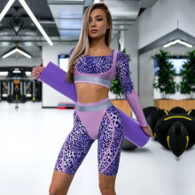 Oshoplive Women Fitness Patchwork Pink Leopard Printed Long Sleeves Short Leggings Breathable Sportswear Yoga Suits