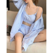 Casual Loose Striped Women Tracksuits Long Sleeve Shirts & Camisole & Drawstring Shorts Summer Ladies 3 Pieces Set