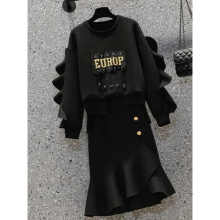 Women Sets Autumn Tracksuits Long Sleeve Pullover Sweatshirt And Irregular Ruffles Skirts Sets Casual Two Pieces Set