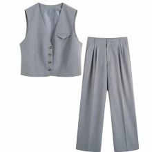 Suits Spring OL Style Sets Women Casual 2 Piece Sleeveless Blazer Cropped V Neck Vest + Loose Long Pants Grey